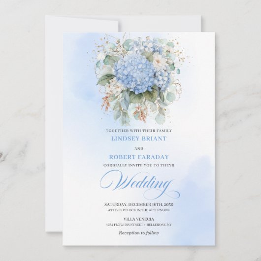 Romantic Blue Hydrangea Eucalyptus Wedding Invite Kaart (Voorkant)
