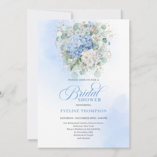 Romantic Blue Hydrangea Floral Bridal Shower Invit Kaart (Voorkant)