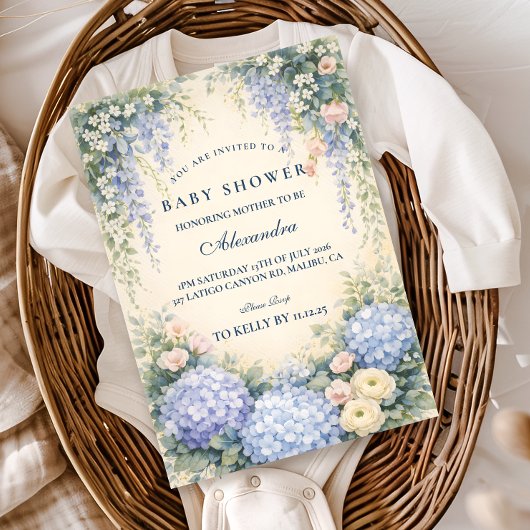 Romantic Blue Hydrangea Garden Baby Shower Kaart