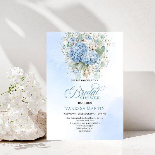 Romantic Blue Hydrangea Gold Floral Bridal Shower Kaart