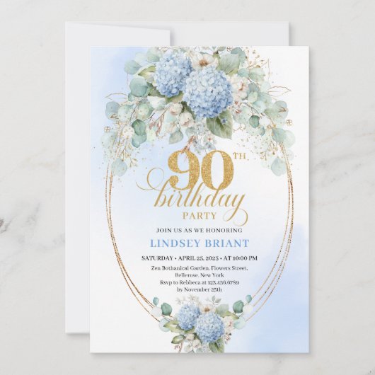 Romantic Blue Hydrangea Gold Frame 90th Birthday Kaart (Voorkant)