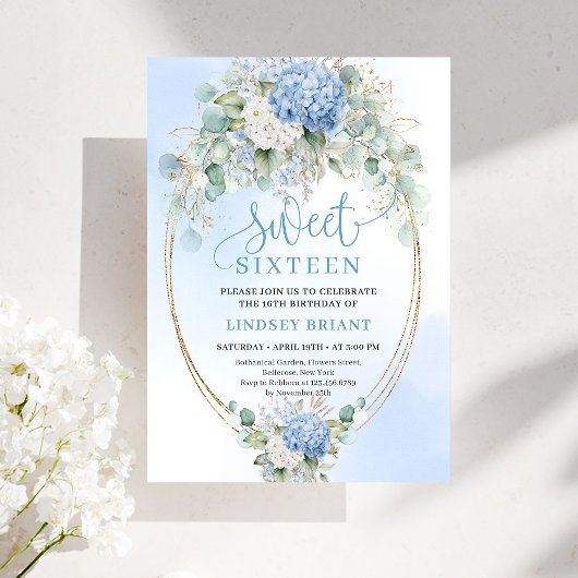 Romantic Blue Hydrangea Sweet Sixteen Invitation Kaart