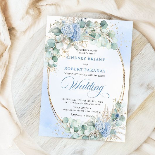 Romantic Blue Hydrangea Wheat Botanical Wedding Kaart