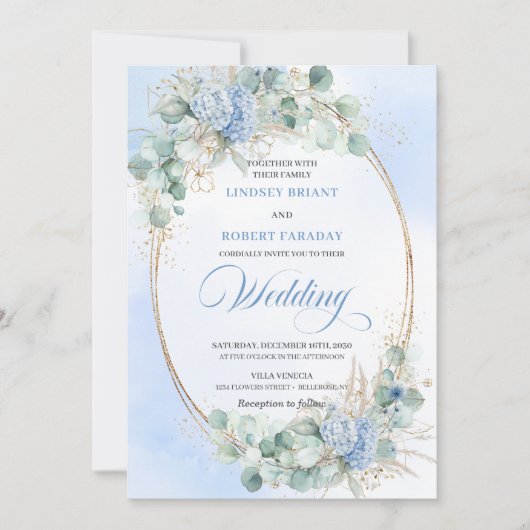 Romantic Blue Hydrangea Wheat Botanical Wedding Kaart (Voorkant)