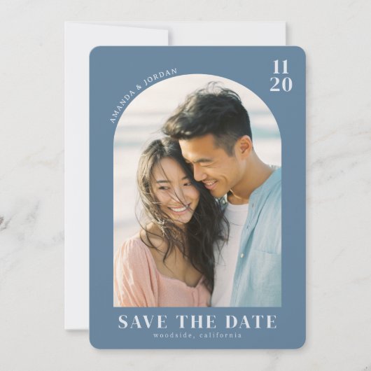 Romantic Blue Minimalist Photo Save The Date (Voorkant)