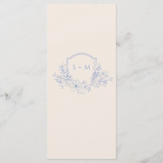 Romantic Blue Monogram Crest Floral Wedding Menu (Achterkant)