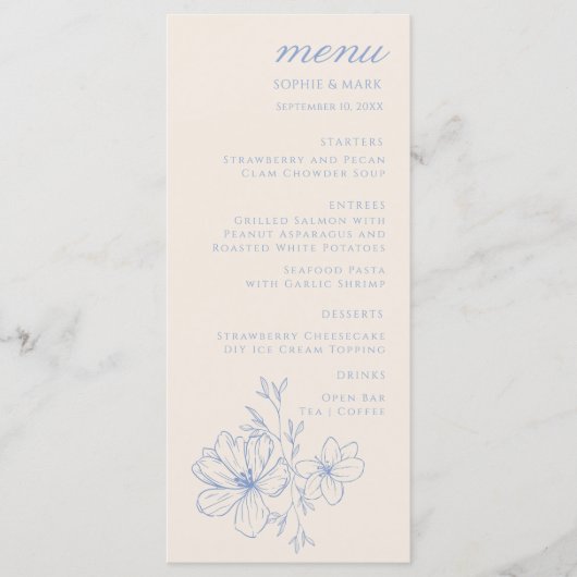 Romantic Blue Monogram Crest Floral Wedding Menu (Voorkant)