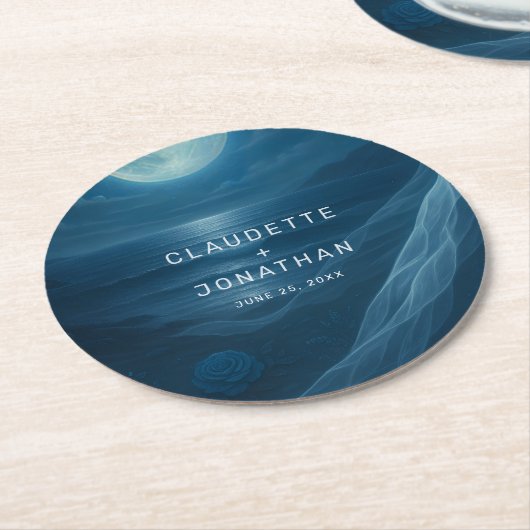 Romantic Blue Moonlit Beach Custom Names Wedding Ronde Kartonnen Onderzetter (Gebogen)