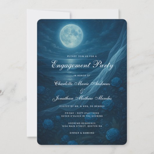 Romantic Blue Moonlit Beach Engagement Party Kaart (Voorkant)