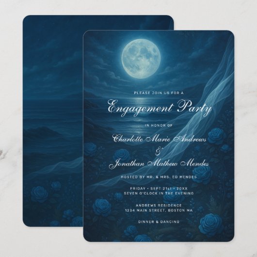 Romantic Blue Moonlit Beach Engagement Party Kaart (Voorkant / Achterkant)