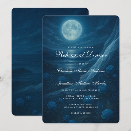 Romantic Blue Moonlit Beach Rehearsal Dinner Kaart (Voorkant / Achterkant)