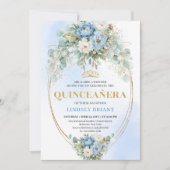 Romantic Blue Peonies Gold Quinceañera Invitation Kaart (Voorkant)