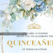 Romantic Blue Peonies Gold Quinceañera Invitation Kaart