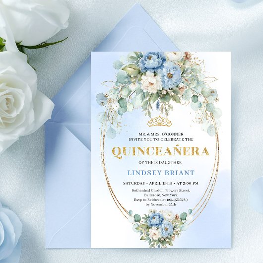 Romantic Blue Peonies Gold Quinceañera Invitation Kaart