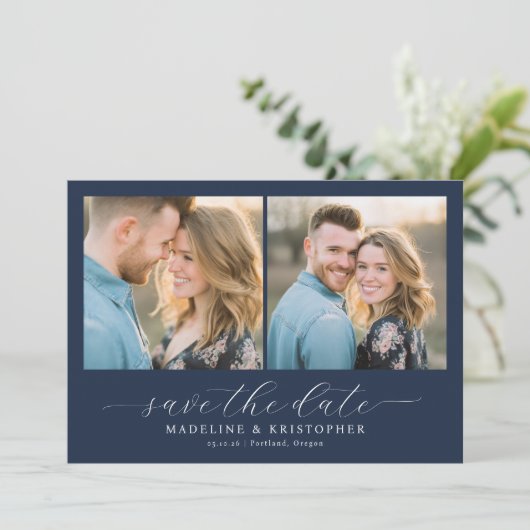 Romantic Blue Photo Save The Date (Staand voorkant)
