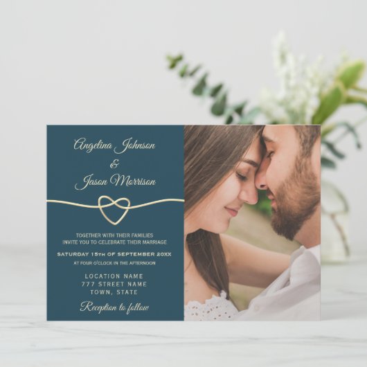 Romantic Blue Photo Wedding Kaart (Staand voorkant)