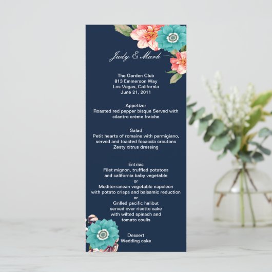 Romantic Blue Pink Floral Botanical Wedding Menu (Staand voorkant)