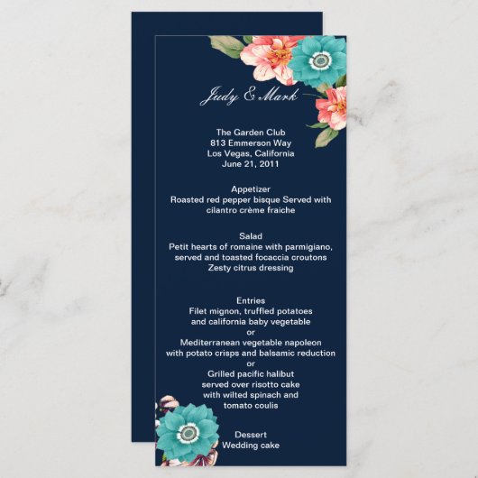 Romantic Blue Pink Floral Botanical Wedding Menu (Voorkant / Achterkant)