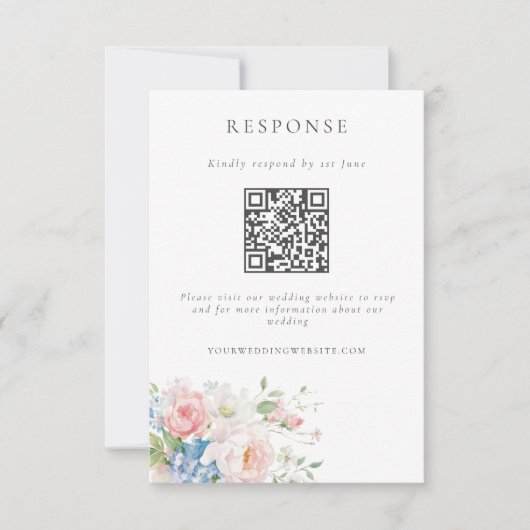 Romantic Blue & Pink Pastel Floral QR Code Wedding RSVP Kaartje (Voorkant)