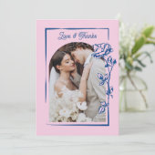 Romantic Blue Pink Rose Illustration Photo Wedding Bedankkaart (Staand voorkant)