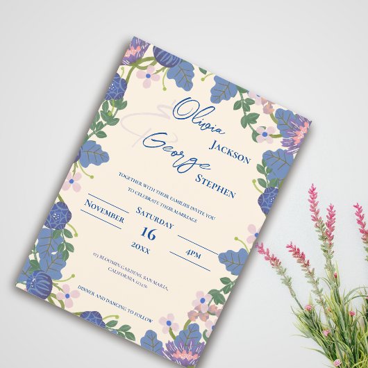 Romantic Blue & Purple Florals Garden Wedding Kaart