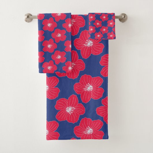 Romantic Blue, Red Chic Floral Pattern Bath Towel Bad Handdoek (Insitu)