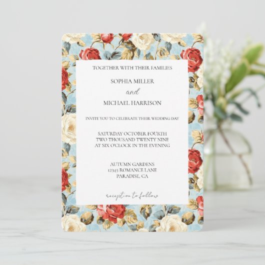 Romantic Blue Red Cream Roses Floral Wedding Kaart (Staand voorkant)