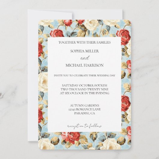 Romantic Blue Red Cream Roses Floral Wedding Kaart (Voorkant)
