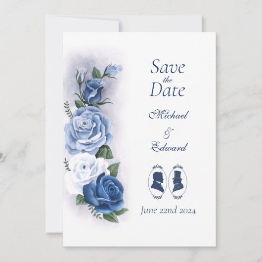 Romantic Blue Regency Gay Botanical Silhouette  Save The Date (Voorkant)