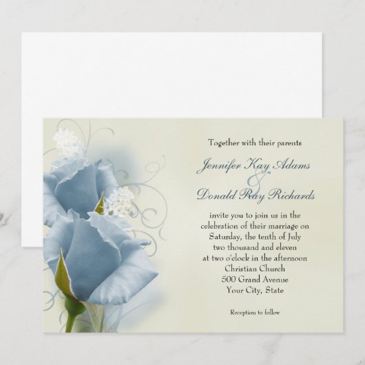 Romantic Blue Rozen Wedding Invitation Kaart (Voorkant / Achterkant)