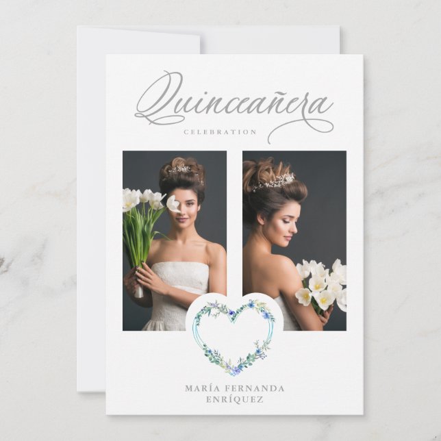 Romantic Blue Shades Floral Heart Photo XV años (Voorkant)