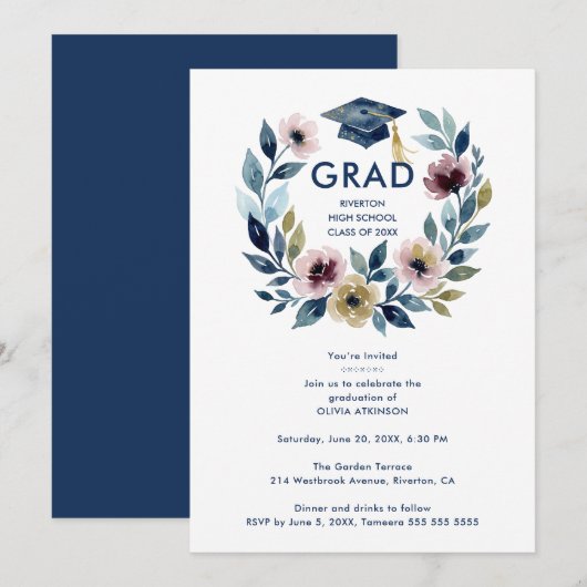 Romantic Blue Shades Floral Wreath Graduation Kaart (Voorkant / Achterkant)