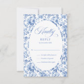Romantic Blue Toile Roses Custom Wedding RSVP Card (Voorkant)