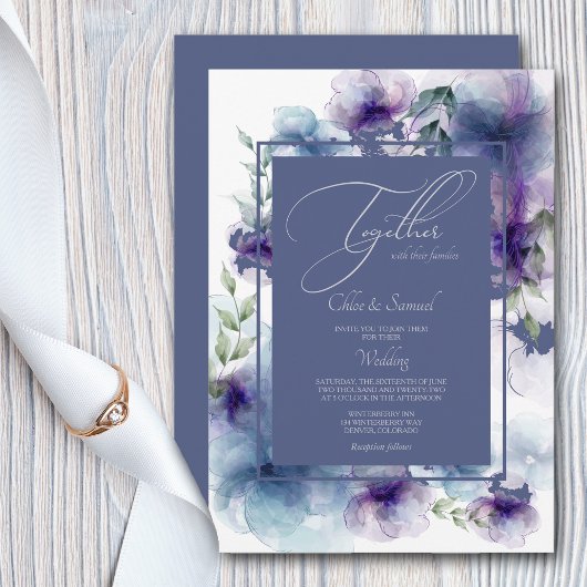 Romantic Blue Waterverf Floral Wedding Invitation Kaart