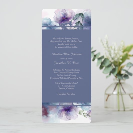 Romantic Blue Waterverf Floral Wedding Kaart (Staand voorkant)