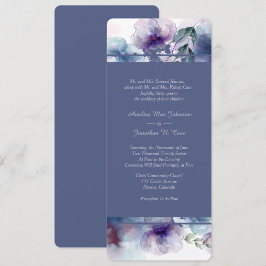 Romantic Blue Waterverf Floral Wedding Kaart (Voorkant / Achterkant)
