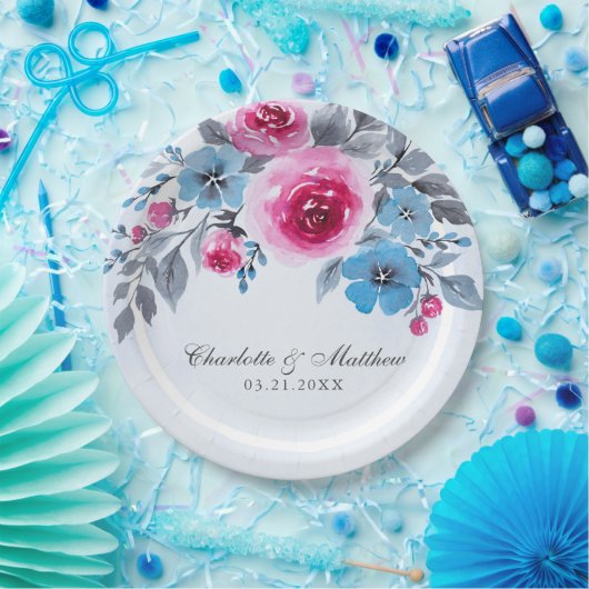Romantic Blue Waterverf Floral Wedding Papieren Bordje (Feest)