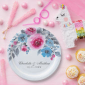 Romantic Blue Waterverf Floral Wedding Papieren Bordje (Feest)