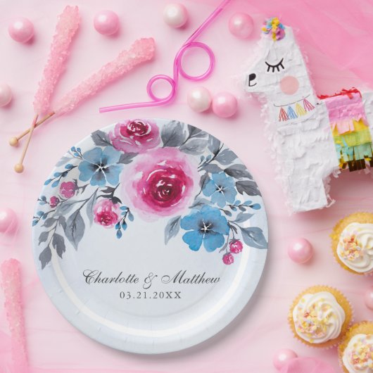 Romantic Blue Waterverf Floral Wedding Papieren Bordje (Feest)