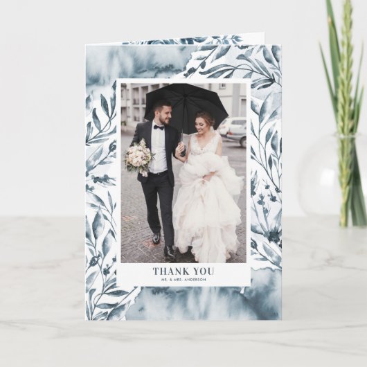 Romantic Blue Waterverf Foliage Wedding Bedankkaart (Voorkant)