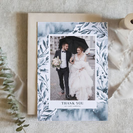 Romantic Blue Waterverf Foliage Wedding Bedankkaart