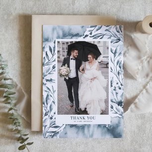 Romantic Blue Waterverf Foliage Wedding Bedankkaart