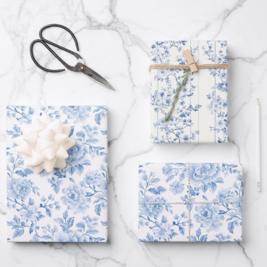 Romantic Blue White Flowers Bridal Shower Inpakpapier Vel (Voorkant)