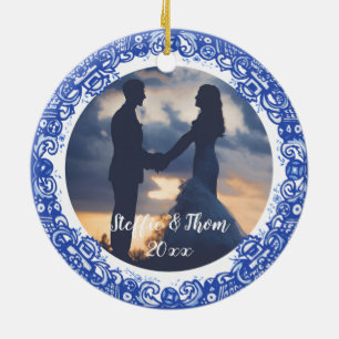 Romantic Blue & White Willow Foto Birds Wedding Keramisch Ornament