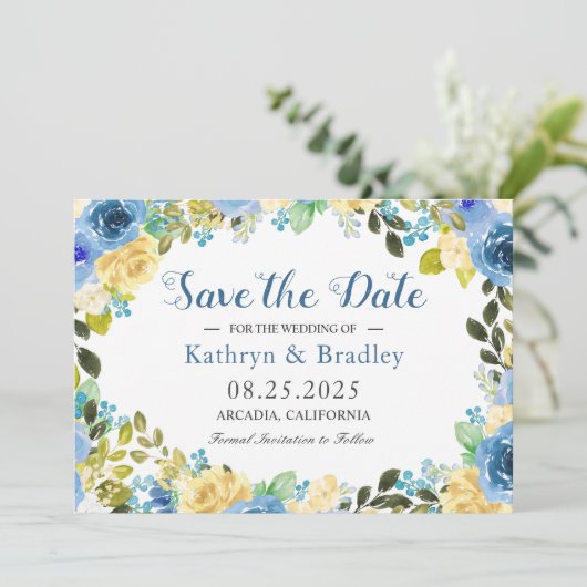 Romantic Blue Yellow Rose Garden redt de datum Save The Date (Staand voorkant)
