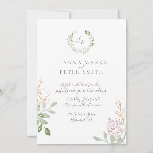 Romantic Blush and Gold Floral Wedding Invitation Kaart (Voorkant)