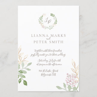 Romantic Blush and Gold Floral Wedding Invitation Kaart
