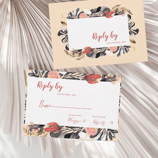 Romantic Blush & Black Floral Botanical Wedding RSVP Kaartje