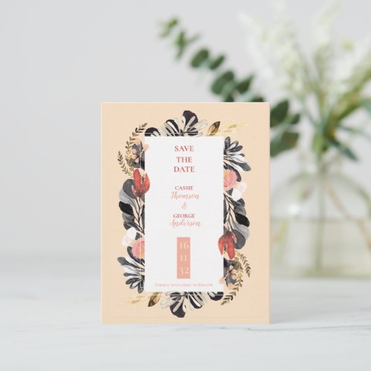 Romantic Blush Black Floral Wedding Save the Date Briefkaart (Staand voorkant)