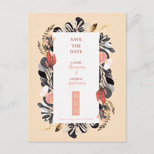 Romantic Blush Black Floral Wedding Save the Date Briefkaart (Voorkant)